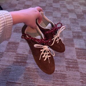 Steve Madden Abbi Brown Suede Sneakers with Burgundy and White Paracord Laces